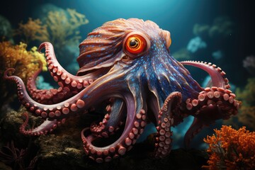 Giant octopus emerges between colorful reefs under sun rays., generative IA
