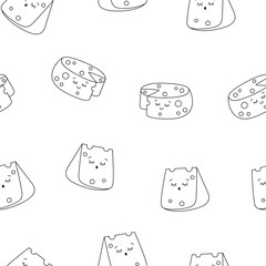 Cute kawaii cheese. Seamless pattern. Coloring Page. Funny happy food characters. Childrens restaurant menu. Hand drawn style. Vector drawing. Design ornaments.