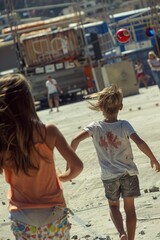 a group of children running on a beach
