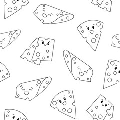 Cute kawaii cheese. Seamless pattern. Coloring Page. Funny happy food characters. Childrens restaurant menu. Hand drawn style. Vector drawing. Design ornaments.