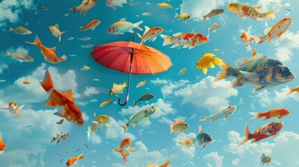 A black umbrella is floating above a school of fish