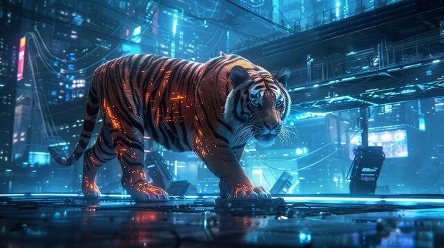Cyber tiger in a high-tech, glowing environment