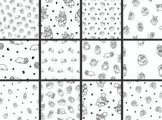 Naklejka premium Cute kawaii sloth character. Seamless pattern. Coloring Page. Cartoon funny wild animal. Hand drawn style. Vector drawing. Collection of design ornaments.
