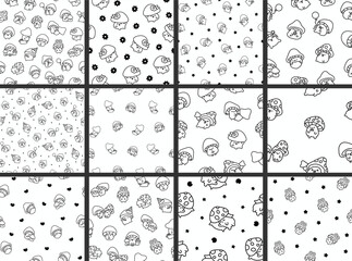 Cute kawaii funny mushroom. Seamless pattern. Coloring Page. Cartoon character in different poses. Hand drawn style. Vector drawing. Collection of design ornaments.