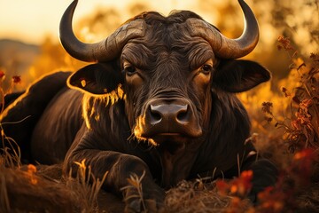 Black bull rests under oak to the twilight., generative IA
