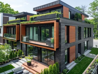 Fototapeta premium Serene Urban Living: Contemporary Modular Private Townhouses in Quiet City Neighborhood