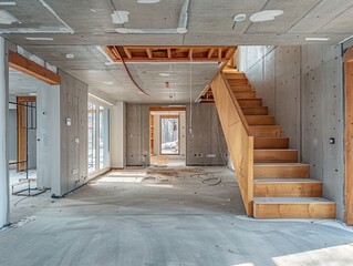 Fototapeta premium Building the Future: Interior View of a Contemporary Modular Private Townhouse in Progress with Open-Plan Design and Modern Materials