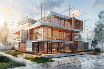 Obraz premium A modern glass office building reflects the urban sky on its facade