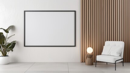 Large empty screen in a modern living space, minimalist design with warm lighting, comfortable armchair nearby, uncluttered and serene environment