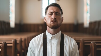Obraz premium Man standing deadpan in a 1800s American church, captured from the back, historical documentary style, pastel colors, Christian vibe, wooden pews and stained glass windows