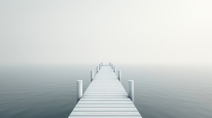 Obraz premium Minimalist depiction of a fishing pier, extending into the distance, on a clean white background, with clear visibility of fishing gear and wooden textures in HD