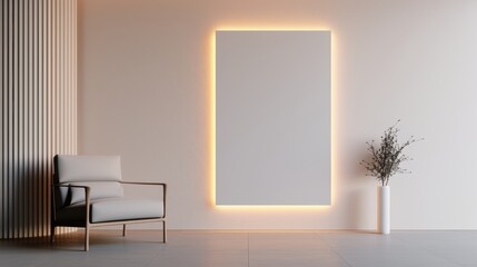 Modern minimalist living space with warm lighting, featuring a large empty screen in the center of the room, a comfortable armchair beside, sleek furniture, and clean lines