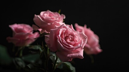 Macro photo of pink roses in focus against a black backdrop