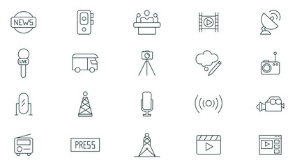 Journalism and mass media line icon set. News, microphone, typewriter, TV show, journalist, office, news reporter, press conference and newspaper stroke icons collection.