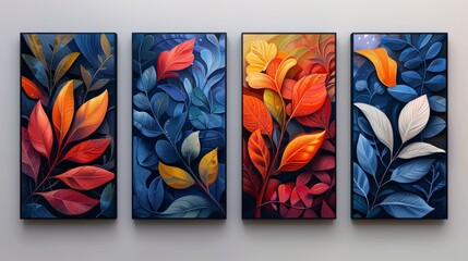 Four abstract paintings with colorful leaves on a blue background. Modern art for a contemporary home.