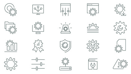 Setup and setting line icons set. Operation, gear, processing, tools, installing options, algorithm icons collection. UI thin outline icons pack