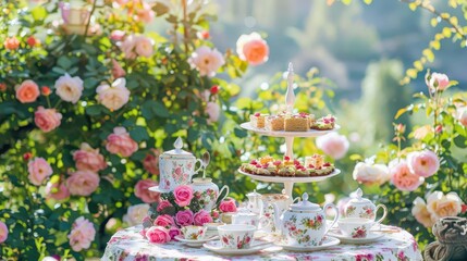 Tea Party in a Rose Garden  A whimsical tea party set in a lush rose garden