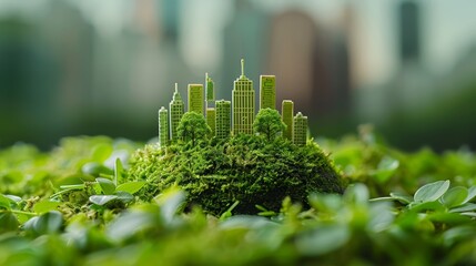A miniature city skyline made of green leaves, surrounded by lush greenery, symbolizing sustainability and urban green spaces.