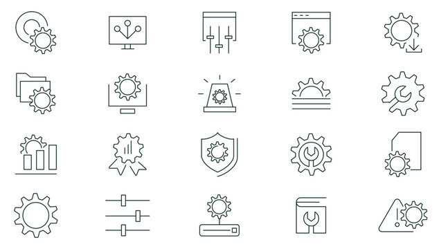 Setup and setting line icons set. Operation, gear, processing, tools, installing options, algorithm icons collection. UI thin outline icons pack
