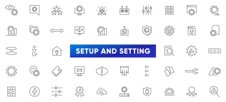 Setup and setting line icons set. Operation, gear, processing, tools, installing options, algorithm icons collection. UI thin outline icons pack