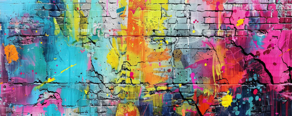 A colorful graffiti wall background with bold splashes of paint and urban textures. The rough, layered surface gives an edgy, street art vibe.
