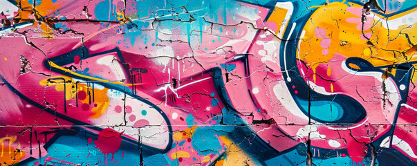 Obraz premium A colorful graffiti wall background with bold splashes of paint and urban textures. The rough, layered surface gives an edgy, street art vibe.