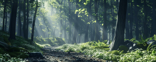 Obraz premium A serene forest background with tall trees, dappled sunlight, and textured leaves. The natural, peaceful elements create a calming, immersive experience.