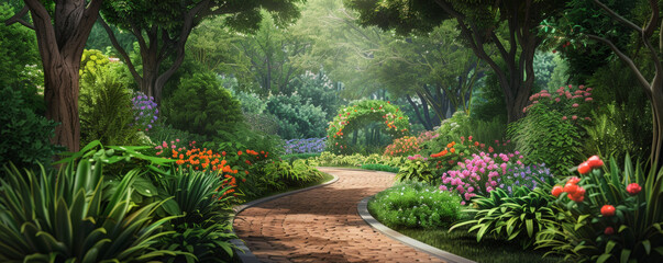 Obraz premium A serene garden background with lush green foliage, colorful flowers, and textured pathways. The tranquil, natural elements create a peaceful, inviting scene.