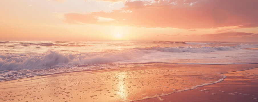 A serene beach sunset background with warm orange and pink hues, gentle waves, and textured sand. The peaceful, picturesque view creates a relaxing, tranquil scene.