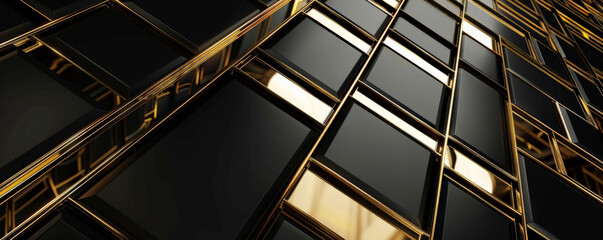 Obraz premium A sleek black and gold geometric pattern background with a glossy finish. The contrast and reflective surfaces create an elegant, luxurious feel.