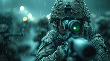 Night vision HUD with soldiers on a mission, green overlay