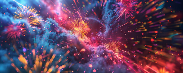 A vibrant fireworks background with explosive colors and textured spark patterns. The festive atmosphere and dynamic elements create an exciting, celebratory scene.