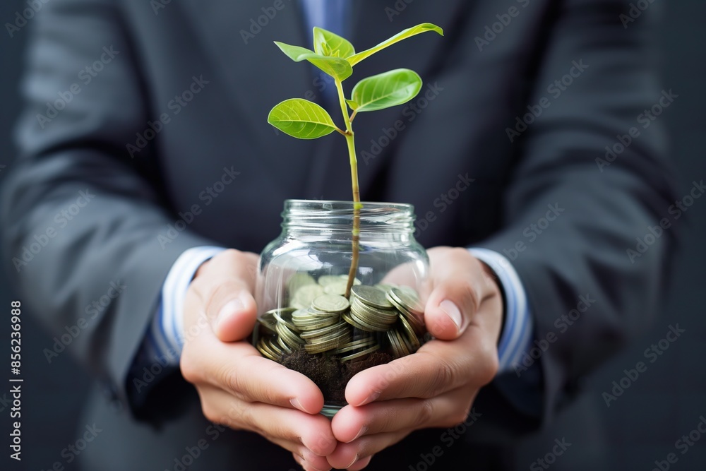 Wall mural save money for investment concept plant tree growing out of coins in hand.