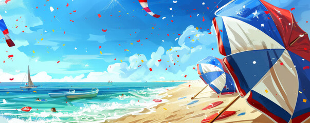 Bastille Day background with a beach celebration scene, with French flags and festive beach umbrellas.