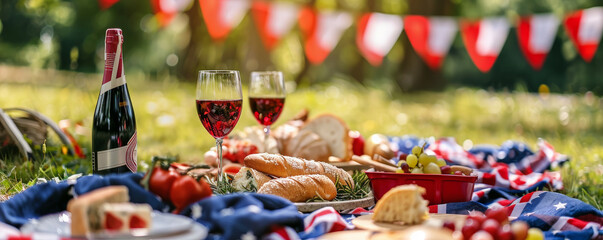 Bastille Day background with a festive picnic in a French park, with tricolor decorations and festive food.