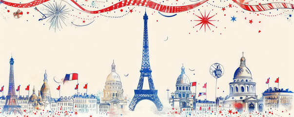 Bastille Day background with a hand-drawn style featuring iconic French landmarks and festive decorations.