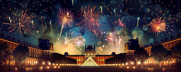 Obraz premium Bastille Day background with a night scene of fireworks over the Louvre Museum.