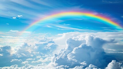 Rainbow arching over fluffy clouds in blue sky, serene weather and nature concept