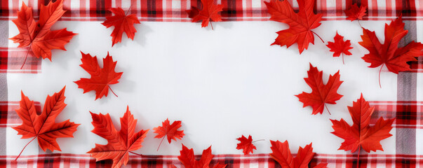 Canada Day background with a classic red and white plaid pattern and maple leaf accents.