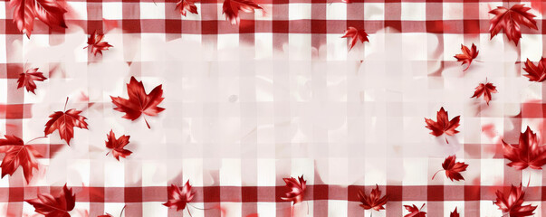 Canada Day background with a classic red and white plaid pattern and maple leaf accents.