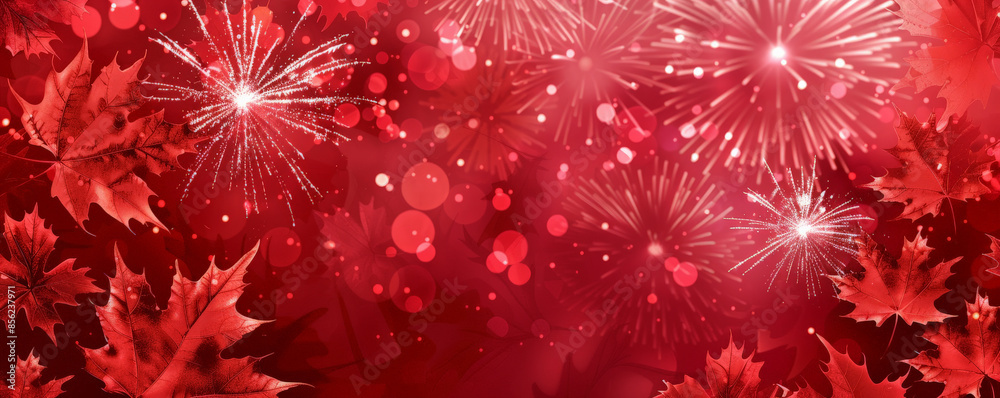 Canvas Prints canada day background with a red and white color scheme featuring maple leaves and fireworks.