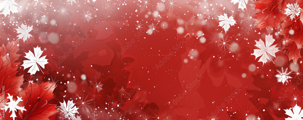 Wall mural canada day background with a red and white color scheme featuring maple leaves and fireworks.