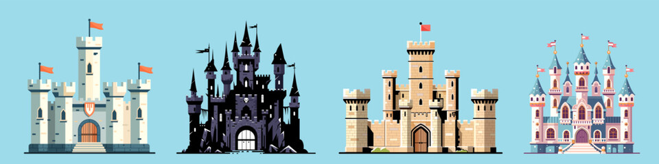 Four different castle designs, flat graphic style, light blue background. Concept of fantasy architecture. Vector illustration © GN.STUDIO