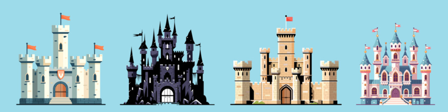 Four different castle designs, flat graphic style, light blue background. Concept of fantasy architecture. Vector illustration