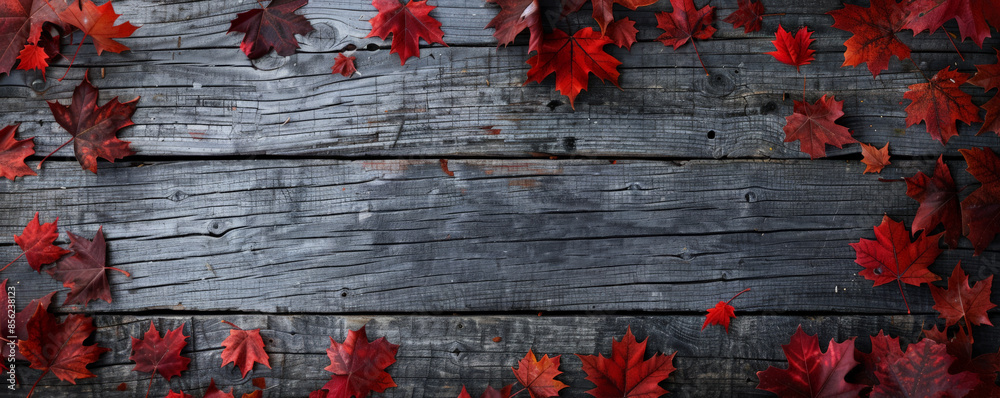 Wall mural canada day background with a rustic wooden texture and scattered maple leaves.