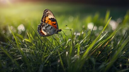 butterfly on grass spring background 
