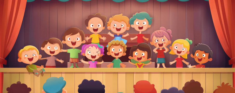 Children's Day background featuring kids at a puppet show, colorful puppets on a stage, and an audience of children with excited expressions, with a textured theater backdrop.