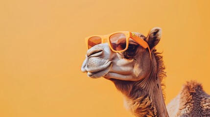 A camel wearing sunglasses with orange background