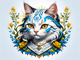 Striking illustration of a white and blue cat surrounded by vibrant yellow flowers and decorative elements, set against a light background. Ideal for botanical art lovers, feline enthusiasts