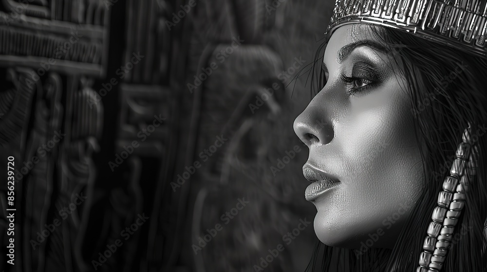 Sticker haughty egyptian woman in ancient style in black and white photo